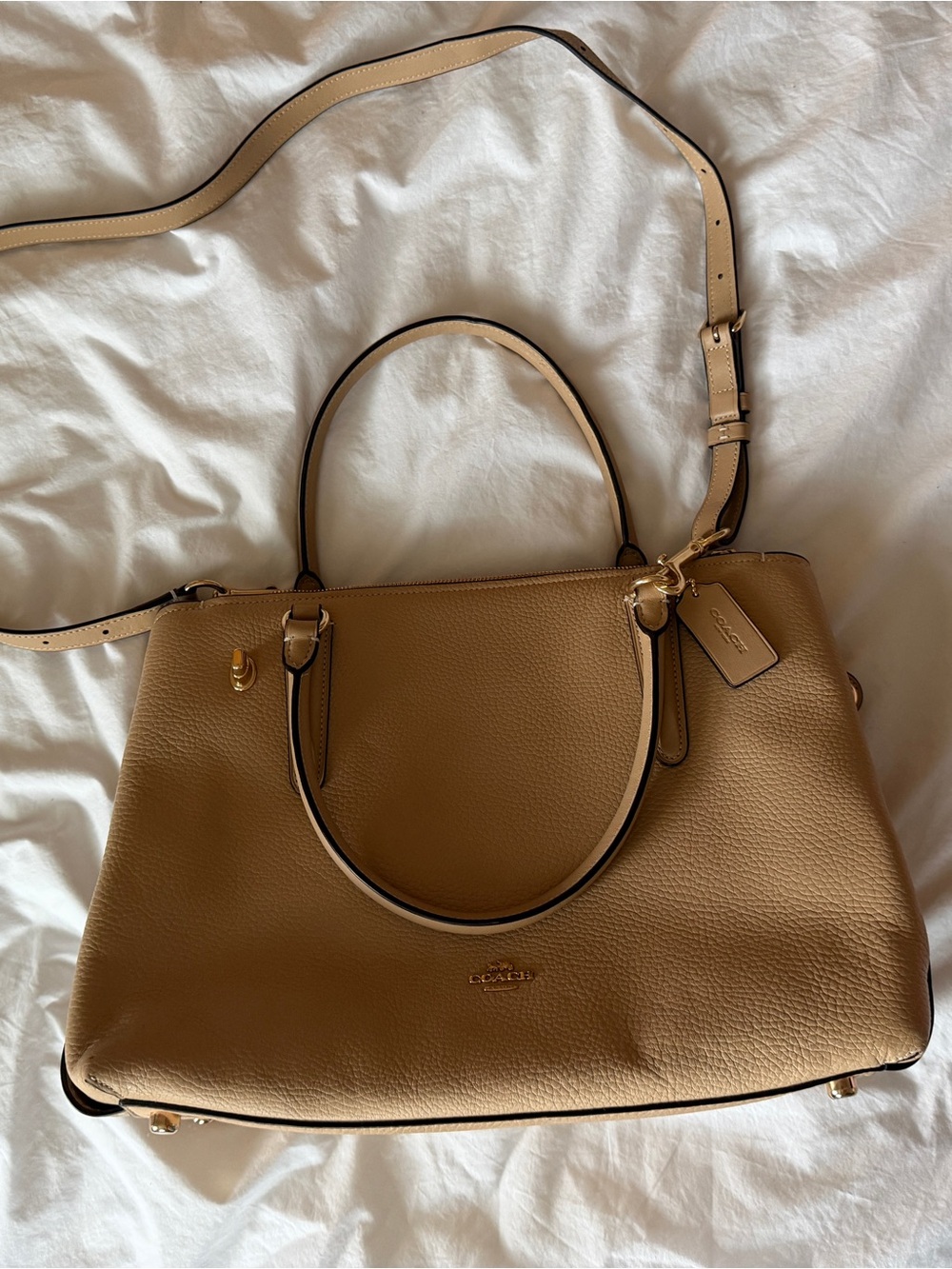 Coach Tan Pebbled Leather Satchel with Gold Hardware